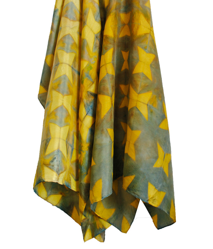 Star Pattern Natural Fusticwood and Indigo Shibori Dyed Silk Scarf