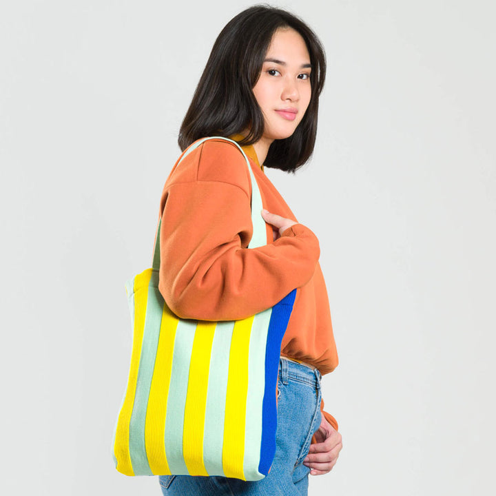 Super Stripe Reversible Knit Tote by Verloop, Jade and Yellow