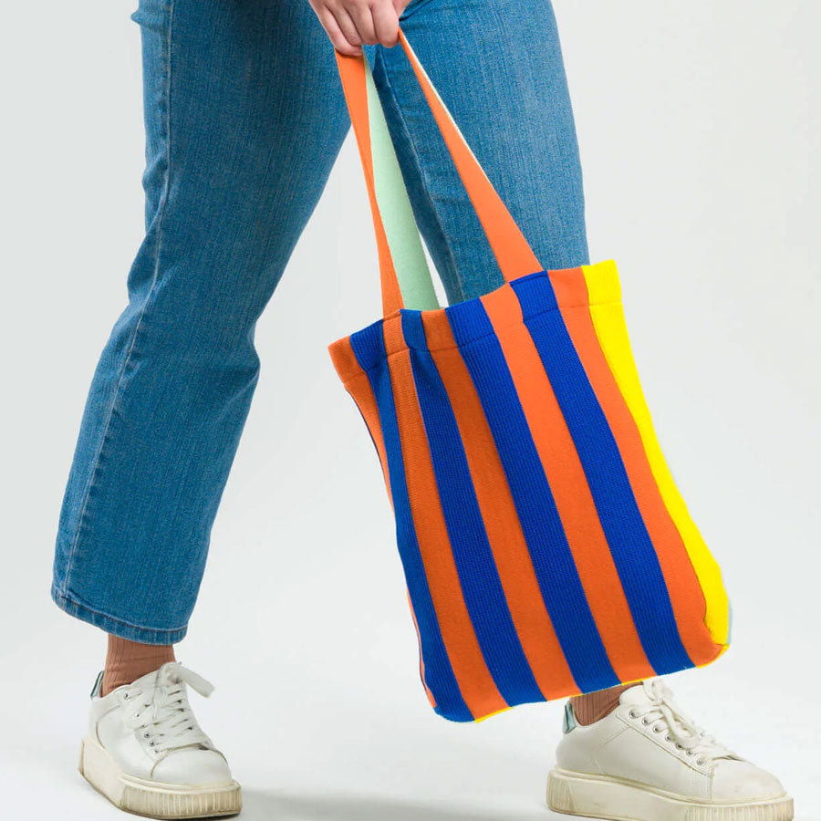 Super Stripe Reversible Knit Tote by Verloop, Jade and Yellow
