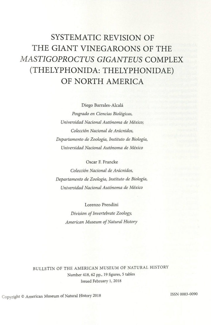 B418 (2018) Systematic Revision of the Giant Vinegaroons