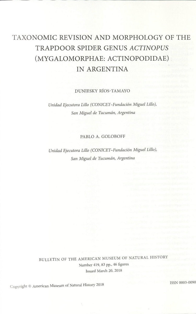 B419 (2018) Taxonomic Revision and Morphology of Trapdoor Spider