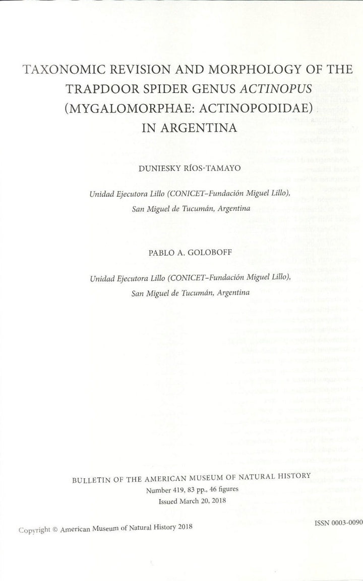 B419 (2018) Taxonomic Revision and Morphology of Trapdoor Spider