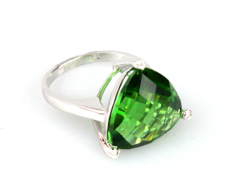 Forest Green Helenite Solitaire Trillion Ring
