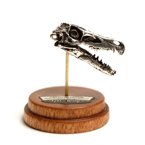 White Bronze Velociraptor Necklace with Display Base