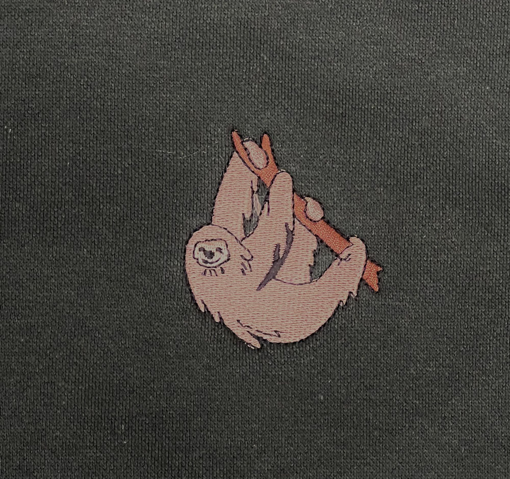 Youth Forest Green Embroidered Sloth Hoodie Closeup