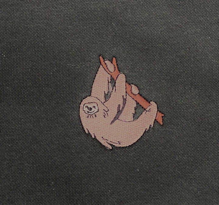 Youth Forest Green Embroidered Sloth Hoodie Closeup