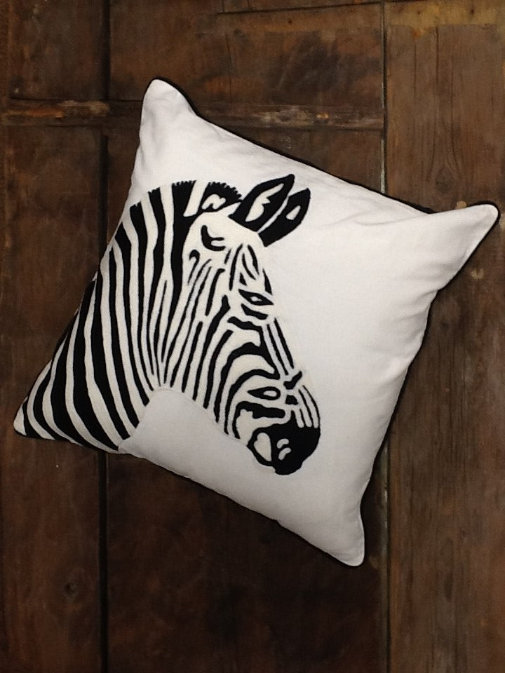 Safari Crewel Embroidered Zebra Head Cushion
